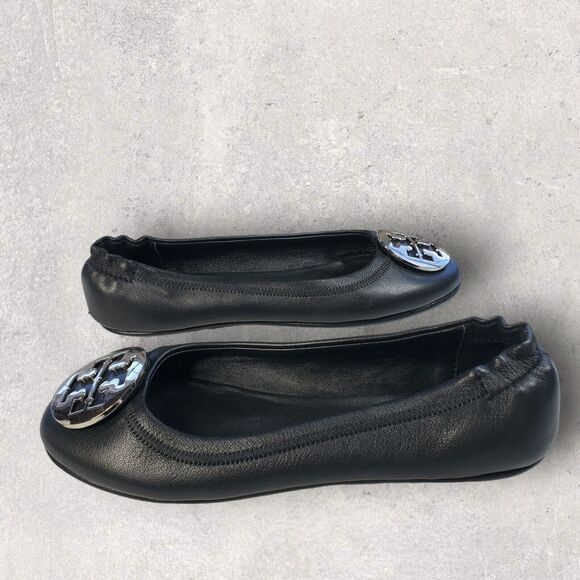 Tory Burch Womens Black Leather Shoes Size 5 Logo Minnie Travel Ballet Flats - Picture 4 of 15